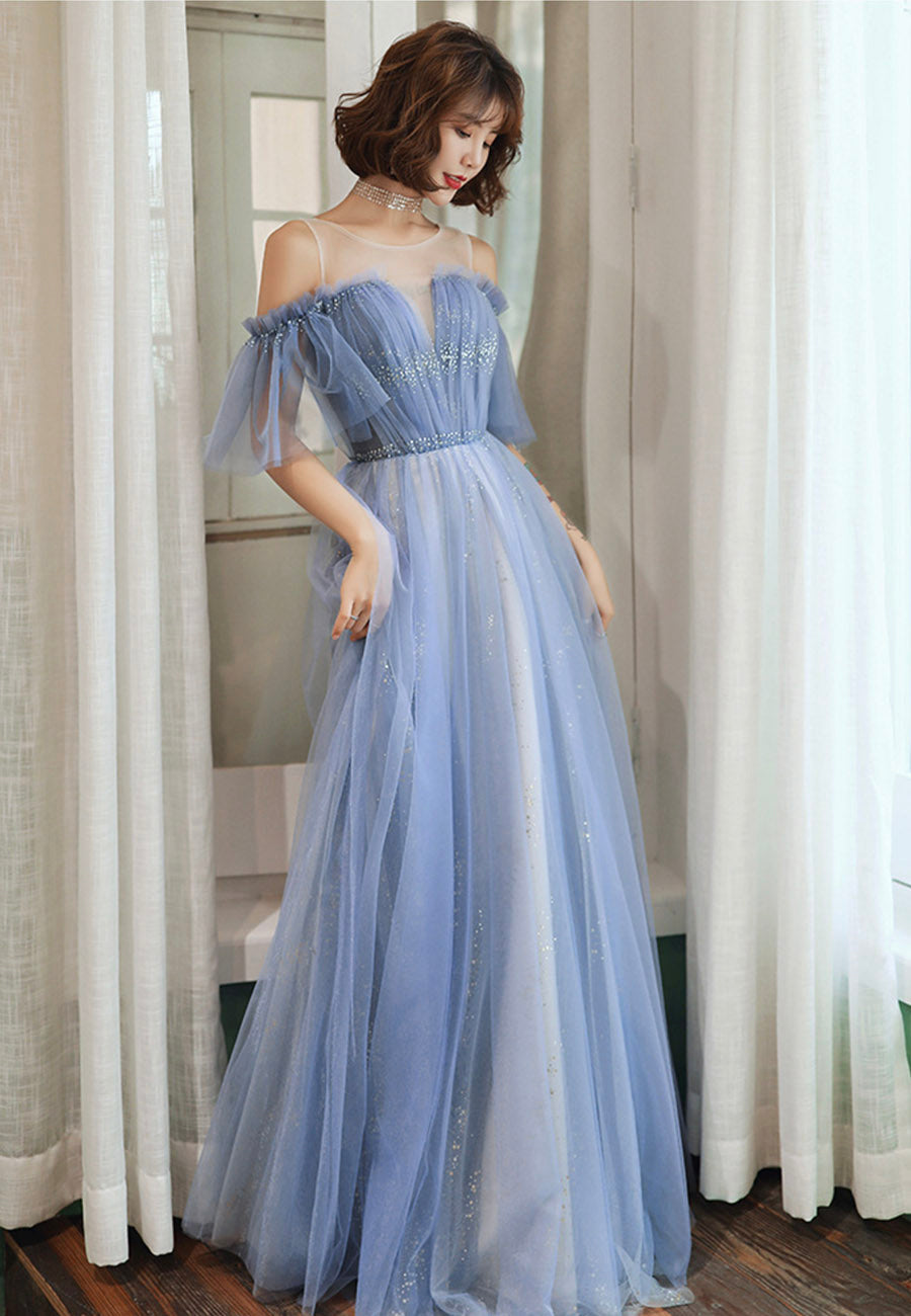 Blue Tulle Long A-Line Prom Dresses, Blue Evening Dresses