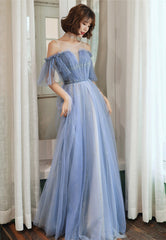 Blue Tulle Long A-Line Prom Dresses, Blue Evening Dresses