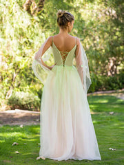 Aimishang Elegant Evening Dress V-neck 3D Applique Floor Length Tulle Prom Dress