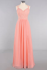 Modest Chiffon Bridesmaid Dress Aline V-neck Front Spit Lace Wedding Guest Dress Long