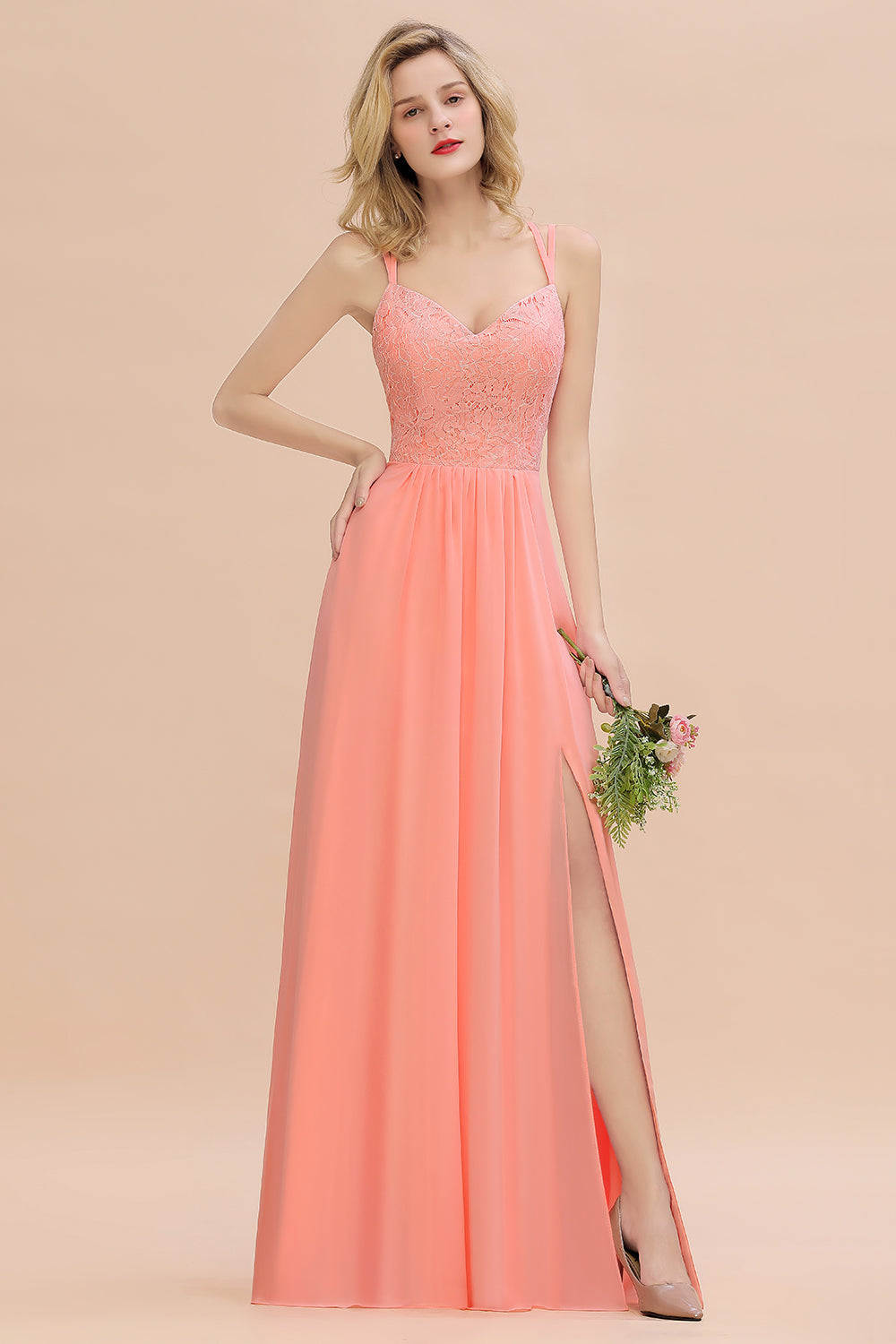 Modest Chiffon Bridesmaid Dress Aline V-neck Front Spit Lace Wedding Guest Dress Long
