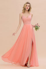 Modest Chiffon Bridesmaid Dress Aline V-neck Front Spit Lace Wedding Guest Dress Long