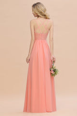 Modest Chiffon Bridesmaid Dress Aline V-neck Front Spit Lace Wedding Guest Dress Long