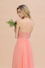 Modest Chiffon Bridesmaid Dress Aline V-neck Front Spit Lace Wedding Guest Dress Long