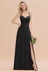 Modest Chiffon Bridesmaid Dress Aline V-neck Front Spit Lace Wedding Guest Dress Long