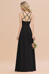 Modest Chiffon Bridesmaid Dress Aline V-neck Front Spit Lace Wedding Guest Dress Long