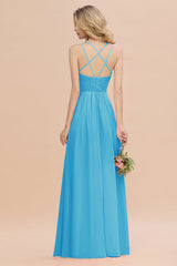 Modest Chiffon Bridesmaid Dress Aline V-neck Front Spit Lace Wedding Guest Dress Long