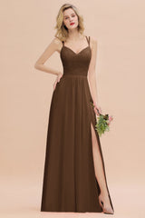 Modest Chiffon Bridesmaid Dress Aline V-neck Front Spit Lace Wedding Guest Dress Long