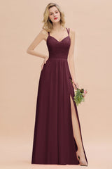 Modest Chiffon Bridesmaid Dress Aline V-neck Front Spit Lace Wedding Guest Dress Long