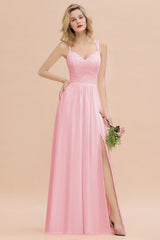 Modest Chiffon Bridesmaid Dress Aline V-neck Front Spit Lace Wedding Guest Dress Long