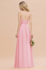 Modest Chiffon Bridesmaid Dress Aline V-neck Front Spit Lace Wedding Guest Dress Long