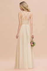Modest Chiffon Bridesmaid Dress Aline V-neck Front Spit Lace Wedding Guest Dress Long