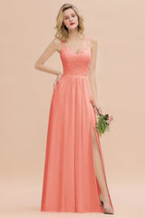 Modest Chiffon Bridesmaid Dress Aline V-neck Front Spit Lace Wedding Guest Dress Long