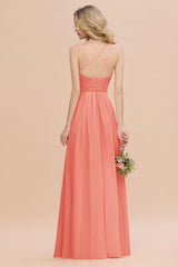 Modest Chiffon Bridesmaid Dress Aline V-neck Front Spit Lace Wedding Guest Dress Long