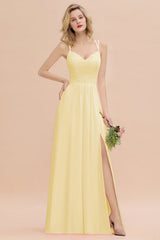 Modest Chiffon Bridesmaid Dress Aline V-neck Front Spit Lace Wedding Guest Dress Long