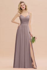 Modest Chiffon Bridesmaid Dress Aline V-neck Front Spit Lace Wedding Guest Dress Long