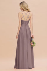 Modest Chiffon Bridesmaid Dress Aline V-neck Front Spit Lace Wedding Guest Dress Long