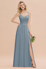 Modest Chiffon Bridesmaid Dress Aline V-neck Front Spit Lace Wedding Guest Dress Long