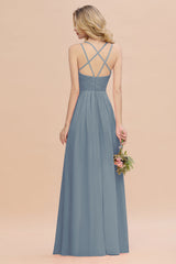 Modest Chiffon Bridesmaid Dress Aline V-neck Front Spit Lace Wedding Guest Dress Long