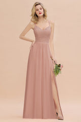 Modest Chiffon Bridesmaid Dress Aline V-neck Front Spit Lace Wedding Guest Dress Long