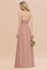Modest Chiffon Bridesmaid Dress Aline V-neck Front Spit Lace Wedding Guest Dress Long