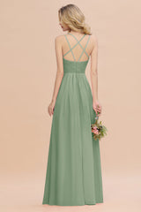 Modest Chiffon Bridesmaid Dress Aline V-neck Front Spit Lace Wedding Guest Dress Long