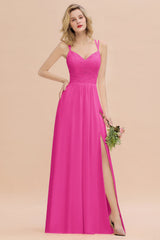 Modest Chiffon Bridesmaid Dress Aline V-neck Front Spit Lace Wedding Guest Dress Long