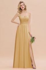 Modest Chiffon Bridesmaid Dress Aline V-neck Front Spit Lace Wedding Guest Dress Long