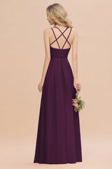 Modest Chiffon Bridesmaid Dress Aline V-neck Front Spit Lace Wedding Guest Dress Long