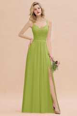 Modest Chiffon Bridesmaid Dress Aline V-neck Front Spit Lace Wedding Guest Dress Long