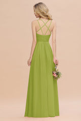Modest Chiffon Bridesmaid Dress Aline V-neck Front Spit Lace Wedding Guest Dress Long
