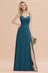 Modest Chiffon Bridesmaid Dress Aline V-neck Front Spit Lace Wedding Guest Dress Long