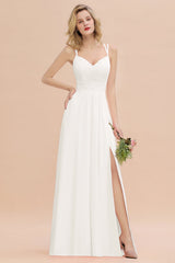 Modest Chiffon Bridesmaid Dress Aline V-neck Front Spit Lace Wedding Guest Dress Long