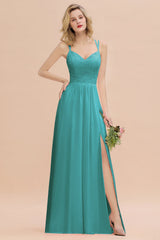 Modest Chiffon Bridesmaid Dress Aline V-neck Front Spit Lace Wedding Guest Dress Long