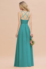 Modest Chiffon Bridesmaid Dress Aline V-neck Front Spit Lace Wedding Guest Dress Long