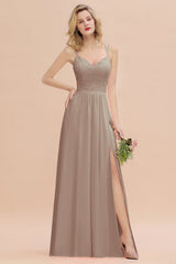 Modest Chiffon Bridesmaid Dress Aline V-neck Front Spit Lace Wedding Guest Dress Long