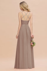 Modest Chiffon Bridesmaid Dress Aline V-neck Front Spit Lace Wedding Guest Dress Long