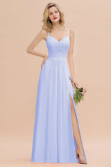 Modest Chiffon Bridesmaid Dress Aline V-neck Front Spit Lace Wedding Guest Dress Long