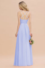 Modest Chiffon Bridesmaid Dress Aline V-neck Front Spit Lace Wedding Guest Dress Long