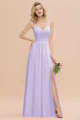 Modest Chiffon Bridesmaid Dress Aline V-neck Front Spit Lace Wedding Guest Dress Long