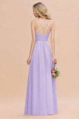 Modest Chiffon Bridesmaid Dress Aline V-neck Front Spit Lace Wedding Guest Dress Long
