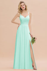 Modest Chiffon Bridesmaid Dress Aline V-neck Front Spit Lace Wedding Guest Dress Long