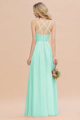 Modest Chiffon Bridesmaid Dress Aline V-neck Front Spit Lace Wedding Guest Dress Long