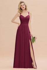 Modest Chiffon Bridesmaid Dress Aline V-neck Front Spit Lace Wedding Guest Dress Long