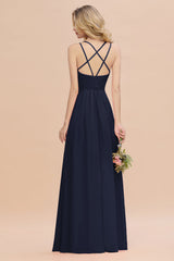 Modest Chiffon Bridesmaid Dress Aline V-neck Front Spit Lace Wedding Guest Dress Long