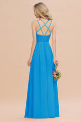 Modest Chiffon Bridesmaid Dress Aline V-neck Front Spit Lace Wedding Guest Dress Long