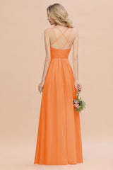 Modest Chiffon Bridesmaid Dress Aline V-neck Front Spit Lace Wedding Guest Dress Long