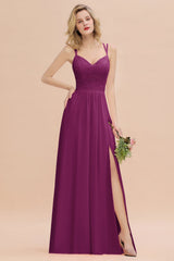 Modest Chiffon Bridesmaid Dress Aline V-neck Front Spit Lace Wedding Guest Dress Long