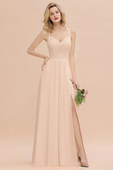 Modest Chiffon Bridesmaid Dress Aline V-neck Front Spit Lace Wedding Guest Dress Long