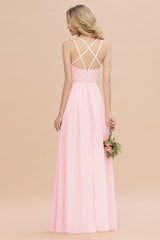 Modest Chiffon Bridesmaid Dress Aline V-neck Front Spit Lace Wedding Guest Dress Long